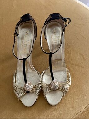 Valentino Garavani Gold and Black T-Strap Crystal Button Sandals